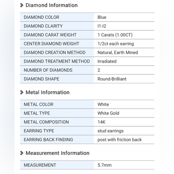 🤩 NWT 1 Carat Natural Blue Diamond Stud Earrings, Solid 14 Karat White Gold - Picture 11 of 11